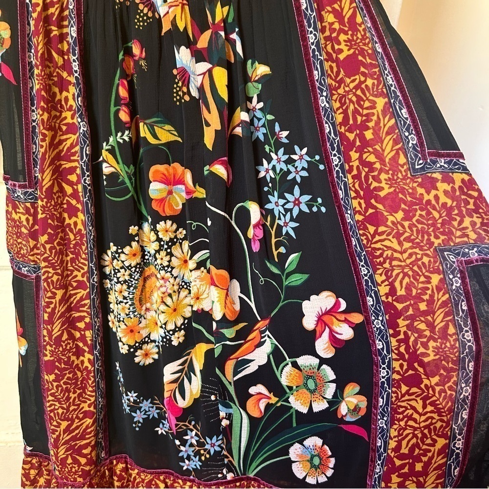 NEW Anthropologie Black Motif Boho Floral Velvet Trim Midi Dress Sz OUS Lined - Picture 5 of 14